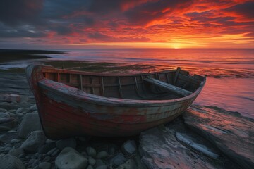 an old boat on the beach at sunset