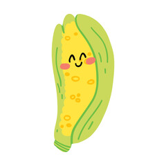 Cute hand drawn corn smiling. Kawaii funny vegetable character for kids.