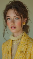 closeup woman wearing yellow jacket necklace portrait soft makeup lacey accessories suit perfect face linen clear dressed
