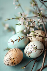 Obraz premium Colorful Speckled eggs nestled within a twig nest under a canopy of white flowers portray the simplicity and beauty of spring. traditions, spring crafts, or nature-inspired design.
