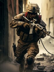 Obraz premium Army special forces soldier in action with assault rifle in the city