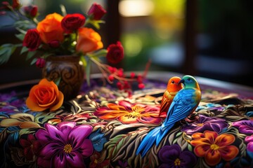 Vibrant fabric adorned with intricate floral designs and two playful toy birds in bright hues