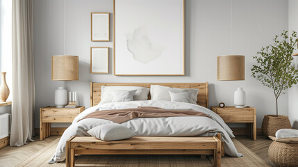 Scandinavian Style 3D Rendered Mock-Up Poster Frame in Bedroom