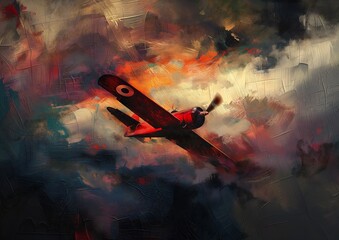 red airplane flying cloudy sky ancient battlefield spitfire fly hallucinatory embers adrift air against background ironbark warm saturated gem - obrazy, fototapety, plakaty