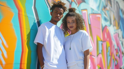 Deux jeunes posent devant une fresque murale dans leur quartier - obrazy, fototapety, plakaty