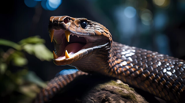 A large brown snake with its mouth open