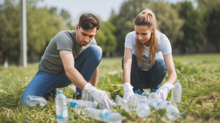 Des personnes ramassent des déchets plastique dont des bouteilles dans un parc