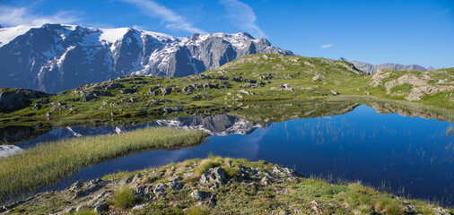 reflet des glaciers de la Meije sur un lac du plateau d'Emparis au refuge des Mouterres dans les...