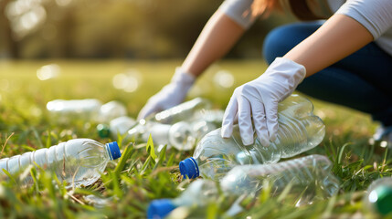 Une personne ramasse des déchets plastique dont des bouteilles dans un parc - obrazy, fototapety, plakaty