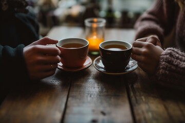 two people sitting table cups coffee holding close hands boba milky oolong tea blurry distant background connected heart machines dialog middle age wood planks intimately