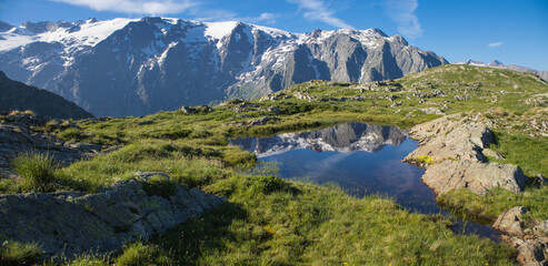 Fototapeta na wymiar reflet des glaciers de la Meije sur un lac du plateau d'Emparis au refuge des Mouterres dans les Alpes en été 