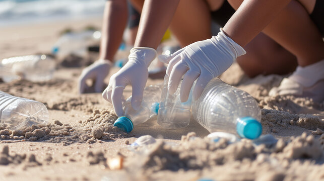 Des personnes ramassent des déchets plastique dont des bouteilles sur une plage