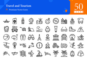 Set of travel icons. travel and tourism web icons in line style. airplane, passport, suitcase, camera, map, compass icon collection. Line icons pack. vector illustration ai eps file