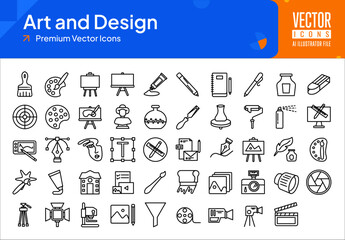 Set of art icons. art and design web icons in line style. palette, brush, pen, ink, color wheel, art studio icon collection. Flat icons pack. vector illustration ai eps file