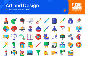 Obraz premium Set of art icons. art and design web icons in flat style. palette, brush, pen, ink, color wheel, art studio icon collection. Flat icons pack. vector illustration ai eps file