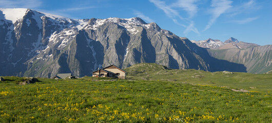 refuge alpin au milieu de la prairie fleurie sur le plateau d'Emparis dans les Alpes au printemps dans le massif des Arves dans l'Oisans face au massif des Écrins, La Meije
