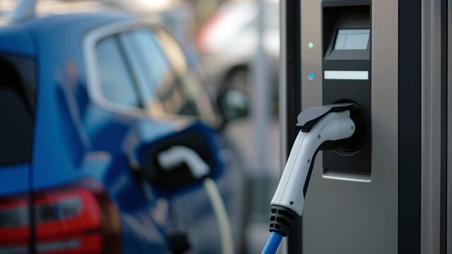 Une voiture &eacute;lectrique charge sur une borne de recharge pour voiture &eacute;lectrique