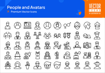 Set of avatars icons. people and avatar web icons in line style. user, graduate, gender, businessman, student icon collection. Line icons pack. vector illustration ai eps file