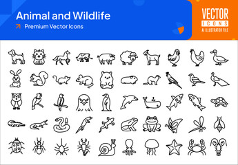 Set of wildlife icons. animals and wildlife web icons in line style. dog, cat, chicken, rabbit, parrot icon collection. style name  icons pack. vector illustration ai eps file