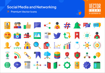 Set of media icons. media and networking web icons in flat style. profile, friends, notification, message, chat icon collection. Flat icons pack. vector illustration ai eps file