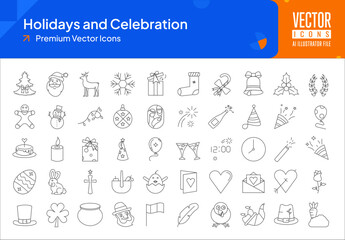 Set of holidays icons. holidays and celebration web icons in thinline style. tree, santa, stoking, gift, gingerbread, party hat icon collection. Line icons pack. vector illustration ai eps file