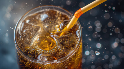 Un cola frais servi en verre avec une paille - obrazy, fototapety, plakaty