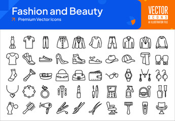 Set of fashion icons. fashion and beauty web icons in line style. dress, skirt, shirt, pants, jeans, shoes, blouse icon collection. Line icons pack. vector illustration ai eps file