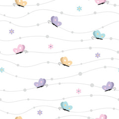 Seamless Pattern with Pastel Butterfly, Flower and Wavy Line design on white Background. Design for scrapbooking, cards, paper goods, background, wrapping, fabric and more. Vector illustration