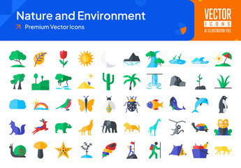 Set of nature icons. nature and environment web icons in flat style. tree, leaf, sun, moon, mountain, river icon collection. Flat icons pack. vector illustration ai eps file