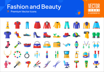 Set of fashion icons. fashion and beauty web icons in flat style. dress, skirt, shirt, pants, jeans, shoes, blouse icon collection. Flat icons pack. vector illustration ai eps file