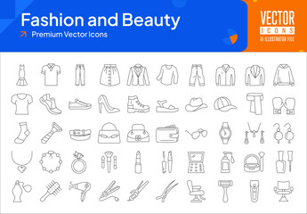 Set of fashion icons. fashion and beauty web icons in thinline style. dress, skirt, shirt, pants, jeans, shoes, blouse icon collection. Line icons pack. vector illustration ai eps file