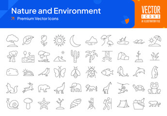 Set of nature icons. nature and environment web icons in thinline style. tree, leaf, sun, moon, mountain, river icon collection. Line icons pack. vector illustration ai eps file