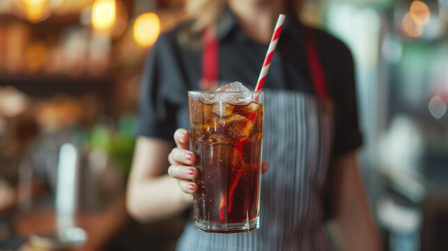 Un cola frais servi en verre avec une paille par une serveuse