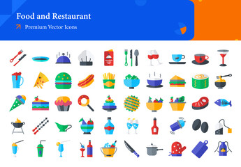 Set of food icons. food and restaurant web icons in flat style. fork, knife, food, menu, chef hat, tea cup icon collection. Flat icons pack. vector illustration ai eps file