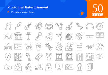 Set of music icons. music and entertainment web icons in thinline style. music note, mic, guitar, piano, drum, trumpet icon collection. Line icons pack. vector illustration ai eps file