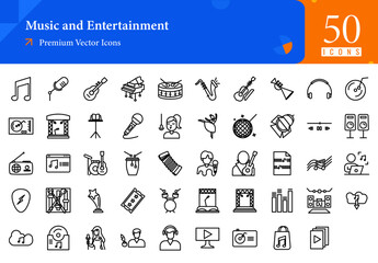 Set of music icons. music and entertainment web icons in line style. music note, mic, guitar, piano, drum, trumpet icon collection. Line icons pack. vector illustration ai eps file