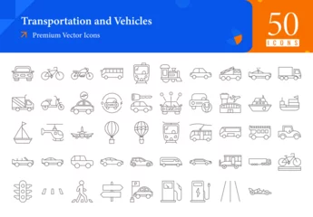 Fotobehang Set of transportation icons. transportation and vehicles web icons in thinline style. car, taxi, subway, bicycle, motorcycle icon collection. Line icons pack. vector illustration ai eps file © Blinix Solutions