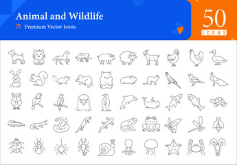 Set of wildlife icons. animals and wildlife web icons in thinline style. dog, cat, chicken, rabbit, parrot icon collection. Line icons pack. vector illustration ai eps file
