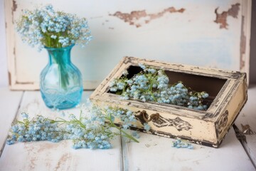 With a photo frame and a bunch of forget me not flowers in a vintage casket on a white wooden rustic board in provence style