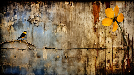 Grunge background with yellow flowers and bird on worn and cracked paint close-up with copy space. Basic greeting card design. Floral banner, poster, background.