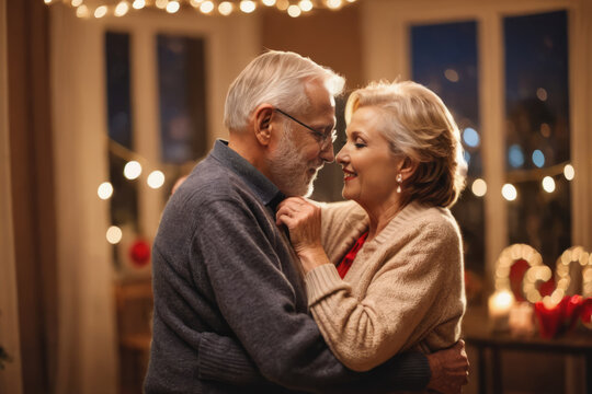 Candid shot of happy smiling old lovers couple dancing at home with beautiful bokeh lights, cozy environment, celebrating Valentine's day, anniversary or marriage