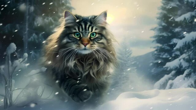 Long hair cat with striking green eyes walking through a snowy forest with snowflakes flying falling around