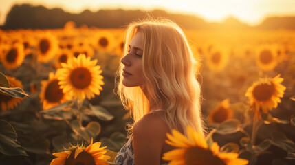 A beautiful young blond woman standing in a sunflower field at sunset