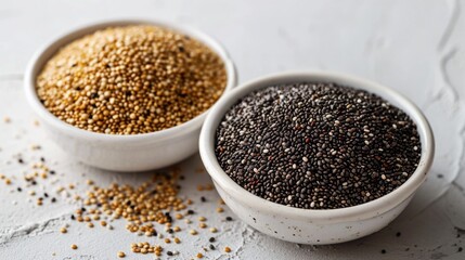 Bowl of quinoa and chia seeds on a clean white surface, representing healthy grain alternatives