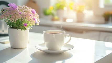 Fototapeta na wymiar cup of coffee on the white table on the light kitchen in the morning on the summer flower background