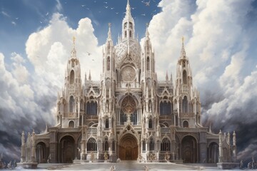 A Gothic cathedral with birds and stormy sky.