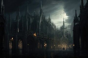 A gothic cathedral under stormy sky with at night. - obrazy, fototapety, plakaty
