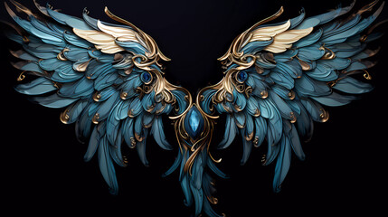 A pair of blue wings with gold accents