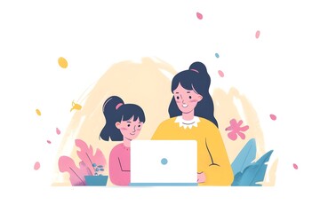 illustration of mother and daughter working together on a laptop