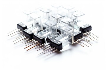 A group of clear-topped electronic relays isolated on white background.